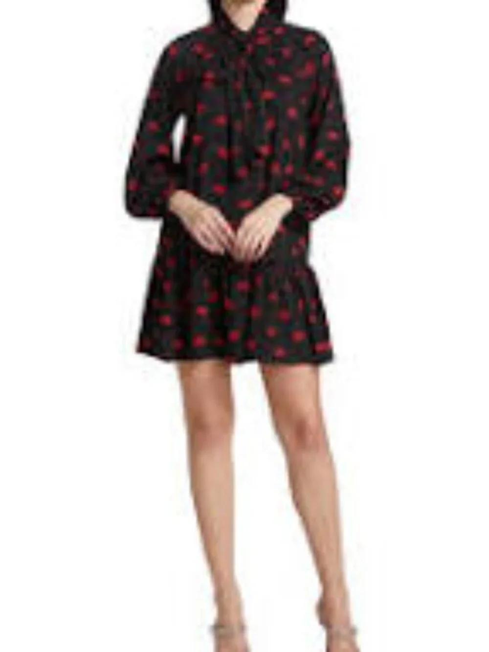 Kate Spade Kisses Lips Tie Neck Shift Dress Mini Long Sleeve Crepe Black Medium